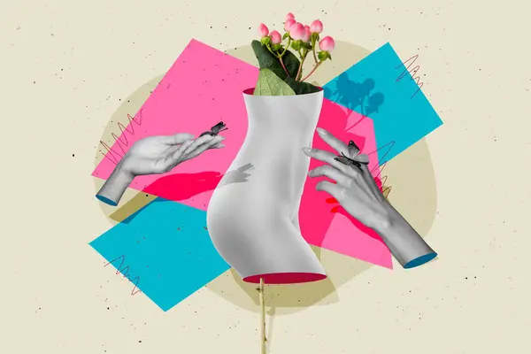 Modèle Abstrait Créatif Collage Maigres Mains Figure Toucher Fleur Érotique — Photo