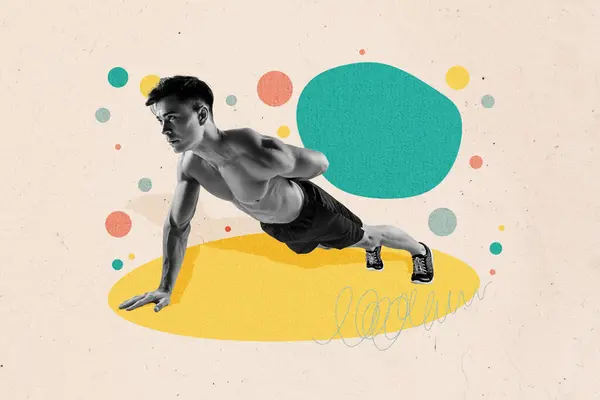 Sammansatt Bild Collage Skiss Konstverk Ung Kille Idrottare Pump Muskler — Stockfoto