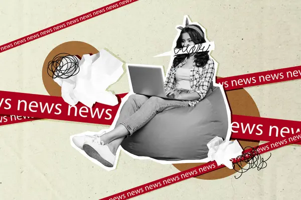 年轻女记者综合创意杂志拼贴编辑出版红线新闻媒体坐在豆袋笔记本电脑皱折纸上 背景五彩斑斓 — 图库照片