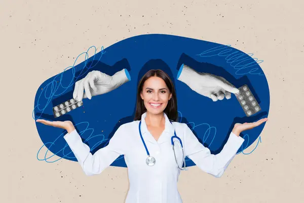 Kadın Doktor Ellerinin Yaratıcı Poster Kolajı Hap Saklama Hastalık Önleme — Stok fotoğraf