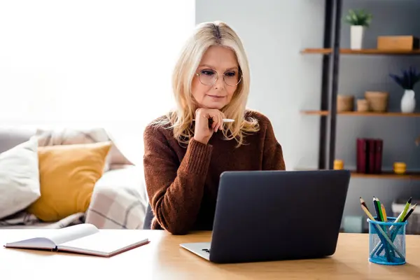 Photo Minded Business Woman Mature Aged Deep Thinking Pencil Analyzing — Stock Photo, Image