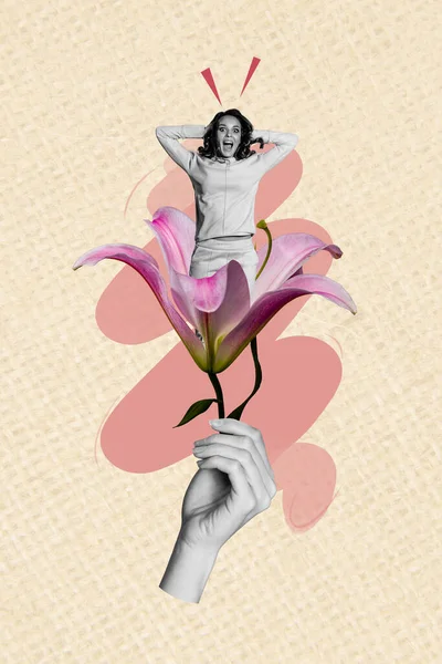 衝撃を受けた若い少女の垂直画像コラージュは 塗装された背景で隔離されたリリーフラグレスキャラクターの叫びの春の花を登ります — ストック写真