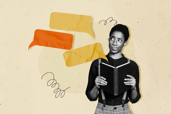 Kreative Foto Collage Junge Mädchen Leser Halten Buch Nachdenklich Gedanken — Stockfoto