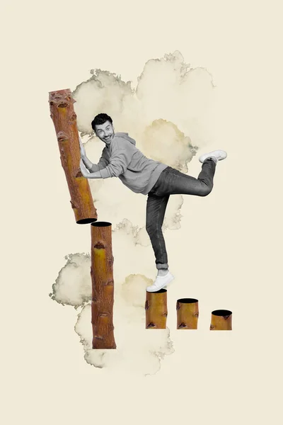 Yaratıcı Dikey Kolaj Posteri Ayakta Duran Genç Çılgın Adam Dengeni — Stok fotoğraf