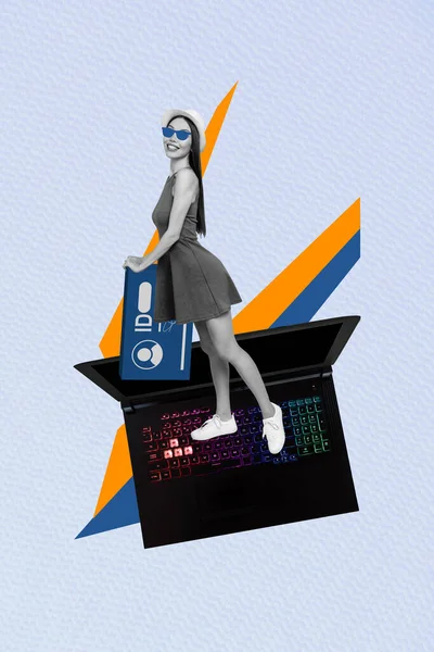 Vertical Criativo Poster Colagem Jovem Sorrindo Mulher Card Verificação Acesso — Fotografia de Stock
