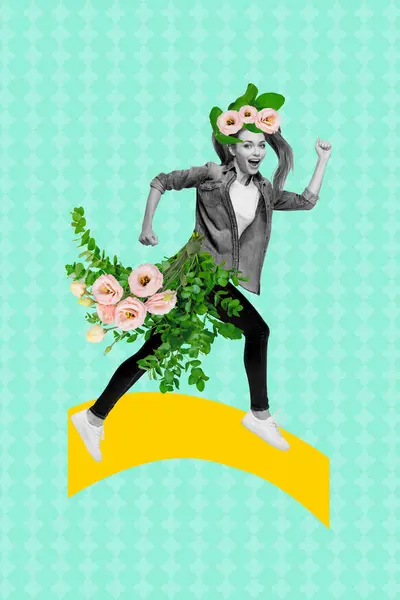 Lodret Kreativ Collage Billede Ung Løbende Kvinde Forår Blomstre Blomstre - Stock-foto