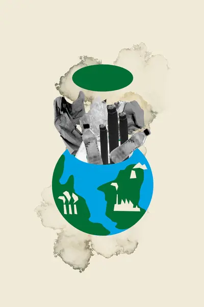 Creative Vertical Collage Banner Earth Planet Pollution Plastic Bottle Garbage — Stock Photo, Image