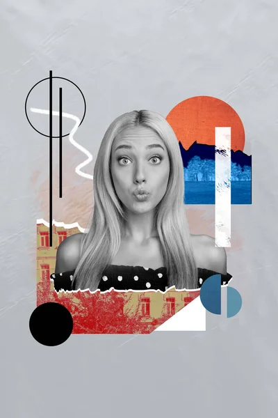 Vertikal Collage Bild Illustration Monokrom Effekt Förvånad Chockad Vacker Ung — Stockfoto