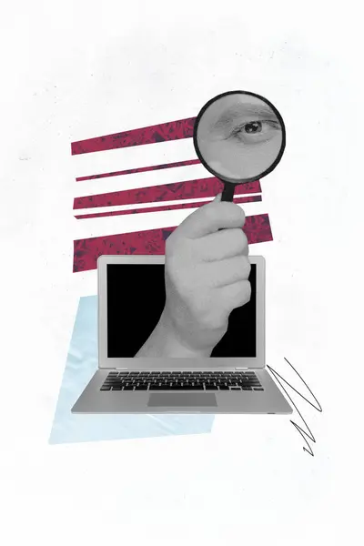 手持式放大镜的垂直图像拼贴笔记本电脑互联网在线网络攻击病毒嫌疑间谍在白色背景下的分离 — 图库照片