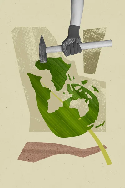 Vertikální Koláž Ruka Zničit Přírodu Zelený Čerstvý List Rozbít Kusy — Stock fotografie
