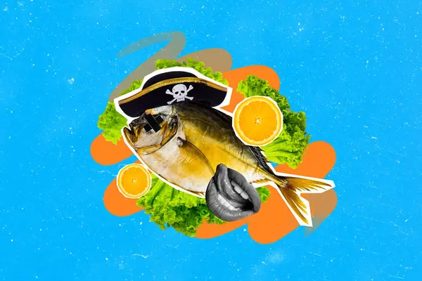 Collage Prepared Cooked Piranha Fish Pirate Skull Hat Orange Fruit — Stock Photo, Image