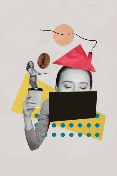 Vertikale Collage Poster Junge Frau Kopf Verborgen Mund Halten Kaffeetasse — Stockfoto