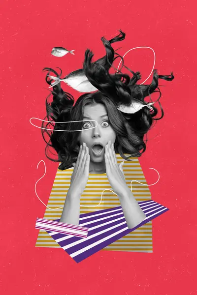 垂直创意拼贴海报年轻吓坏了震惊的女人面对无言的反应卵蛋害怕河鱼荒谬的概念波浪般的头发 — 图库照片