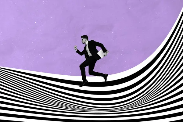 Lawyer Man Laptop Running Striped Black White Way Collage Illustration — Stock Photo, Image