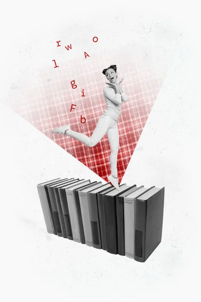 Gráficos Verticais Colagem Imagem Jovem Menina Salto Livro Linha Literatura — Fotografia de Stock