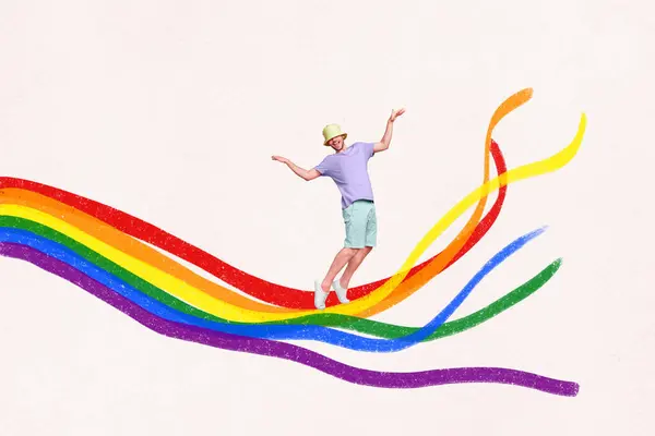 Kreatywny Trend Kolaż Zabawny Młody Człowiek Kolorowe Linie Lgbt Prawo — Zdjęcie stockowe