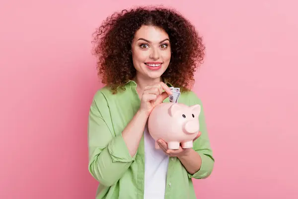 Photo Portrait Lovely Young Lady Hold Piggy Insert Banknote Dressed — Stock Photo, Image