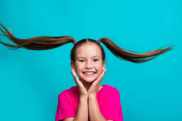 Photo Toothy Beaming Small Girl Flying Tails Wear Stylish Shirt — Stock Photo, Image