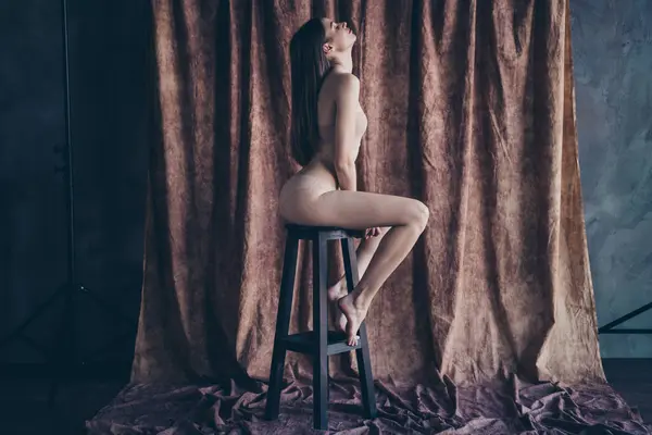 Retouch Filter Photo Stunning Gorgeous Lady Sitting Stool Posing Enjoy — Stock Photo, Image