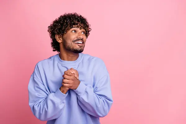 Photo Positive Funny Glad Man Wear Stylish Blue Clothes Hands — Stock Photo, Image