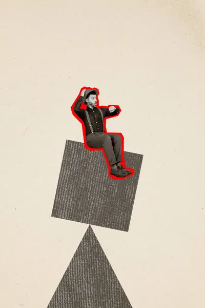 Vertikale Kreative Collage Banner Sitzt Junger Herr Vintage Anzug Überprüfen — Stockfoto