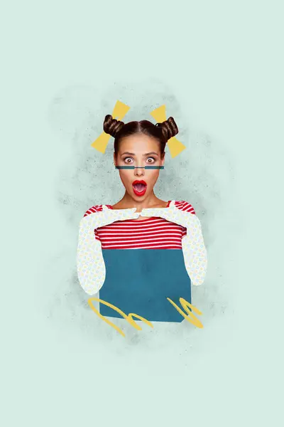 Affiche Créative Collage Jeune Modèle Féminin Mode Choqué Réaction Impressionnée — Photo