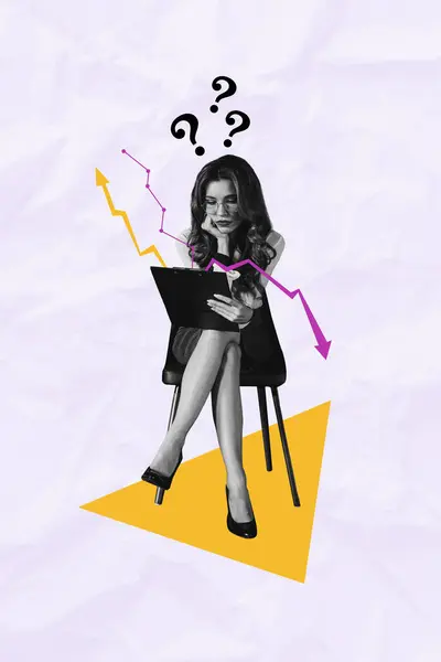 Vertical collage of elegant minded black white effect girl sit chair read clipboard arrow up down question mark isolated on pink paper background.