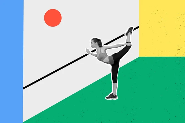 Kreativ Collage Bild Ung Attraktiv Passform Flicka Stretching Ben Gymnast — Stockfoto