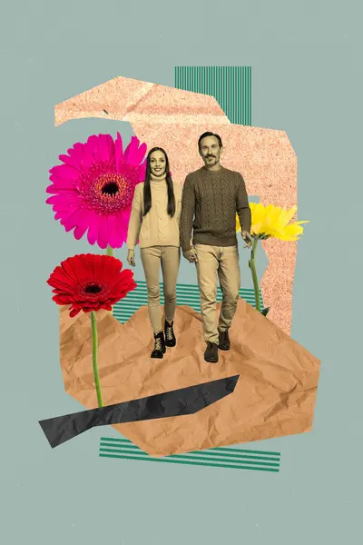 Vertikale Collage Bild Junges Paar Spaziergang Park Blumen Blüte Datum — Stockfoto