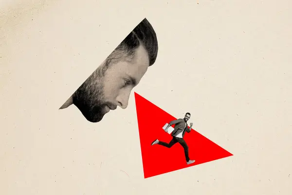 Kreative Collage Plakat Läuft Junger Mann Mitarbeiter Chef Spion Aufsichtsbehörde — Stockfoto