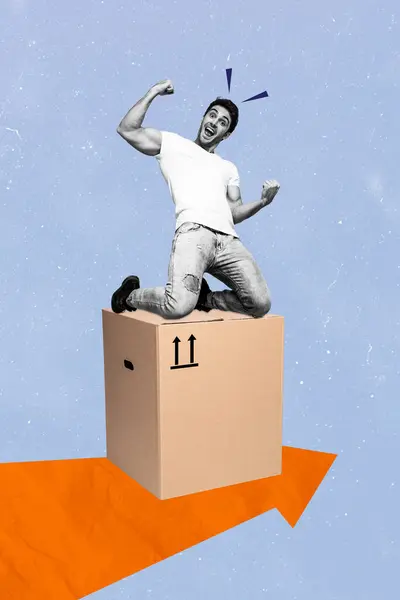 Umělecká Koláž Šťastný Radostný Veselý Chlap Obdrží Balíček Box Radovat — Stock fotografie