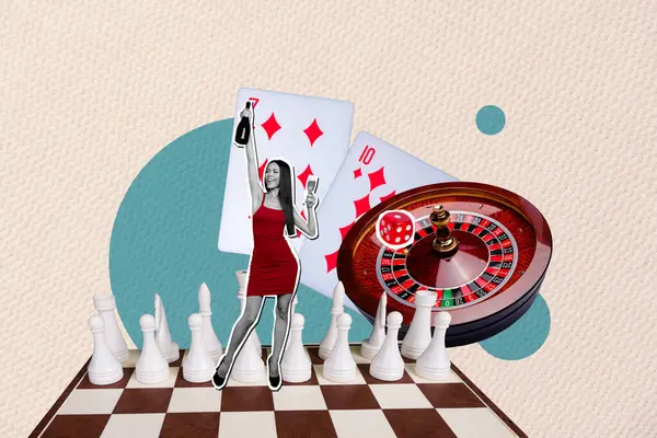 创意拼图插图单色效果魅力美女柔情女士拿着香槟酒扑克赌博冠军模板 — 图库照片