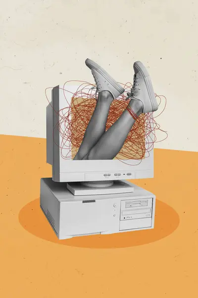 Függőleges Kollázs Abszurd Illusztrációja Emberi Lábak Mélyen Belsejében Számítógép Monitor — Stock Fotó