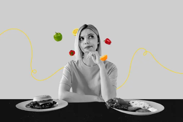 Collage Abstracto Creativo Niña Sentarse Pensar Elección Alimentos Hamburguesa Comida —  Fotos de Stock