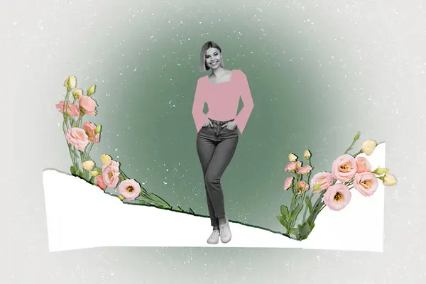 ポジティブな陽気な若い女性スタンド雪だるまの花の複合写真コラージュは 塗装された背景に隔離されたエストマスプリングをブッシュ — ストック写真