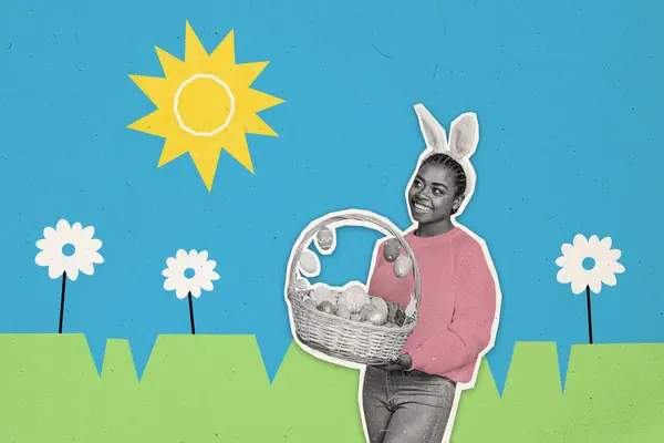 Creativo Foto Ilustraciones Collage Sonrisa Chica Americana Celebrar Cesta Pascua —  Fotos de Stock