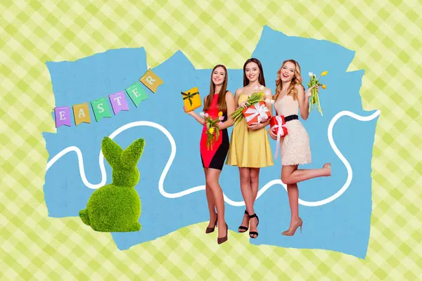 Criativa Foto Arte Colagem Três Meninas Irmãs Dia Família Feriado — Fotografia de Stock