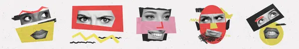Panorama Illustration Samling Collage Olika Unga Kvinnliga Toothy Leende Dåliga — Stockfoto