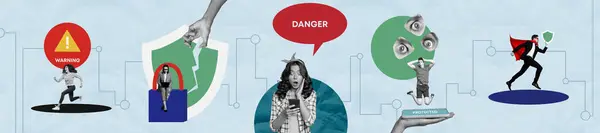 Kolaż Panoramiczny Przerażony Szokujące Kobieta Ochrona Antywirusowa Złośliwe Oprogramowanie Cyberatak — Zdjęcie stockowe