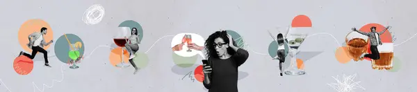 Panoramik Kolaj Şok Edici Bir Kadın Akıllı Telefon Içeceği Gibi — Stok fotoğraf