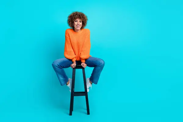 Full Length Portrait Cheerful Stunning Person Sit Chair Empty Space — Stock Photo, Image