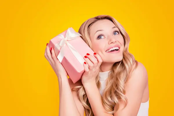 Portrait Joyful Cheerful Girlfriend Having Packed Gift Box Hands Trying — Stock Photo, Image