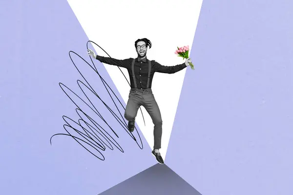 Collage Bild Kunstwerk Von Schönen Attraktiven Positiven Mann Gehen Romantische — Stockfoto