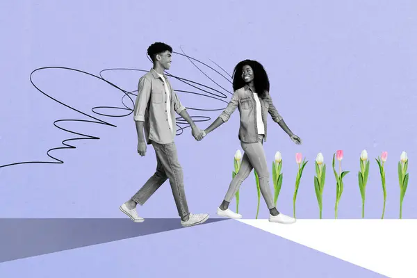 Colagem Obra Arte Casal Bonito Feliz Segurar Mãos Caminhar Juntos — Fotografia de Stock