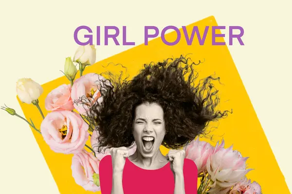 在大学的图片中 一个快乐的疯狂女孩大喊着女孩的权利宣传信息 这是在画花卉背景时孤立出来的 — 图库照片