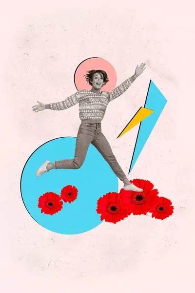 Изображение Коллажа Эскиз Радостной Красивой Женщины Прыгать Цветущие Свежие Цветы — стоковое фото