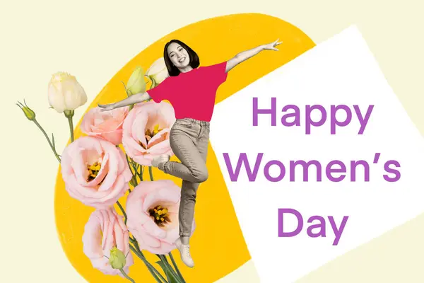 Collage poster of cheerful crazy girl enjoying sprig time happy womens day 8th march isolated on drawing floral background.