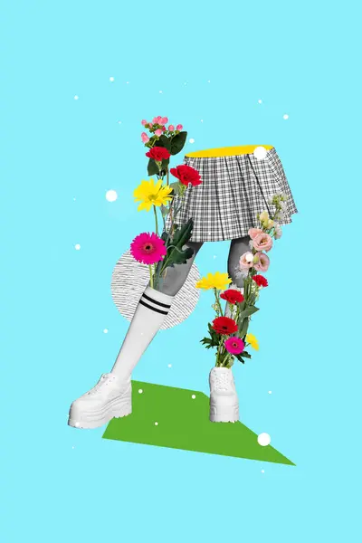 คอลเลจภาพแนวต งของหญ งสาวแปลกท วสไตล ดอกไม ดอกไม ในถ งเท าแยกก นบนพ — ภาพถ่ายสต็อก