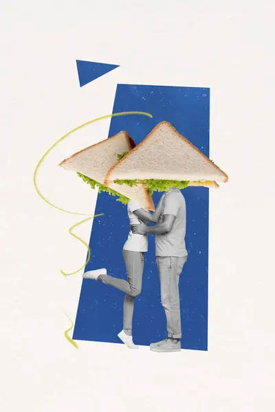 Colagem Vertical Casal Família Sem Cabeça Fazer Dieta Juntos Comer — Fotografia de Stock