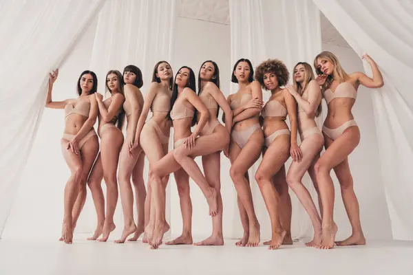 Beyaz Kumaş Arka Planlı Bir Stüdyoda Vücutlarını Seven Kızların Rötuş — Stok fotoğraf